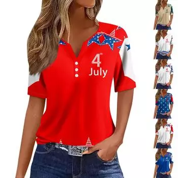 Жен. Футболка Футболка С принтом Пуговицы С короткими рукавами Повседневные Выходные Мода Классический V-образный вырез Обычный Верх XL красный