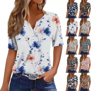 Жен. Футболка Футболка С принтом Пуговицы С короткими рукавами Повседневные Выходные Мода Классический V-образный вырез Обычный Верх L