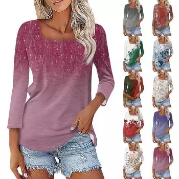 Жен. Футболка Футболка с принтом Рукав 3/4 Повседневные Выходные Мода Классический Квадратный вырез Обычный Топ L серый