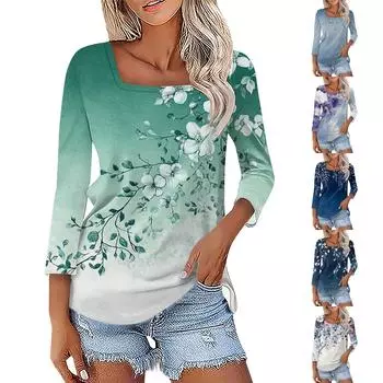 Жен. Футболка Футболка с принтом Рукав 3/4 Повседневные Выходные Мода Классический Квадратный вырез Обычный Топ L темно-синий