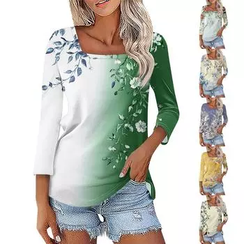 Жен. Футболка Футболка с принтом Рукав 3/4 Повседневные Выходные Мода Классический Квадратный вырез Обычный Топ XXL синий