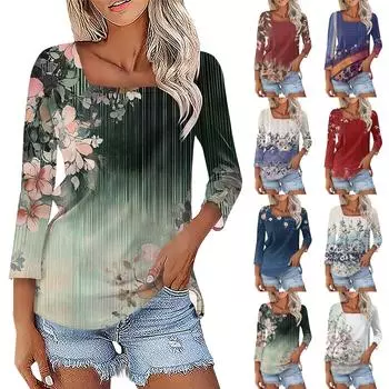 Жен. Футболка Футболка с принтом Рукав 3/4 Повседневные Выходные Мода Классический Квадратный вырез Обычный Топ XXL