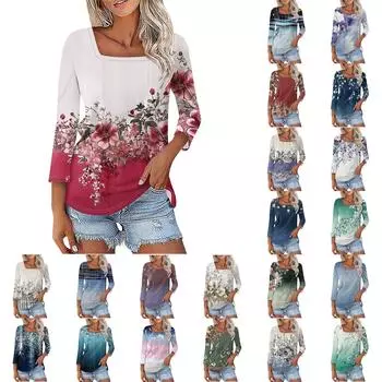 Жен. Футболка Футболка с принтом Рукав 3/4 Повседневные Выходные Мода Классический Квадратный вырез Обычный Топ L розовый