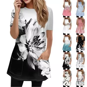 Жен. Футболка Футболка С принтом С короткими рукавами Повседневные Выходные Мода Классический Круглый вырез Карманы Обычный Топ L бежевый