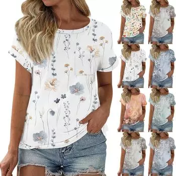 Жен. Футболка Футболка с принтом С короткими рукавами Карман Повседневные Выходные Мода Классический Круглый вырез Обычный Топ XL серый