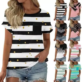 Жен. Футболка Футболка с принтом С короткими рукавами Карман Повседневные Выходные Мода Классический Круглый вырез Обычный Топ S серый