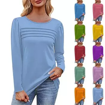 Жен. Футболка Футболка Сплошной цвет Длинный рукав Повседневные Выходные Мода Классический V-образный вырез Обычный Топ L синий