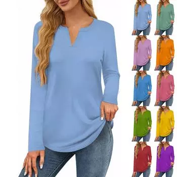 Жен. Футболка Футболка Сплошной цвет Длинный рукав Повседневные Выходные Мода Классический V-образный вырез Обычный Топ L синий