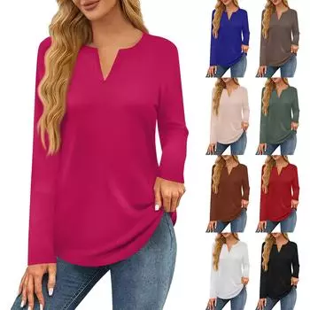Жен. Футболка Футболка Сплошной цвет Длинный рукав Повседневные Выходные Мода Классический V-образный вырез Обычный Топ L белый