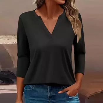 Жен. Футболка Футболка Сплошной цвет Рукав 3/4 Повседневные Выходные Мода Классический V-образный вырез Обычный Топ L чёрный