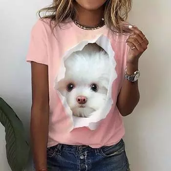 Жен. Футболка Футболка Желтый Розовый Синий Собака 3D с принтом С короткими рукавами Повседневные Выходные Классический Круглый вырез Обычный крой Картина S