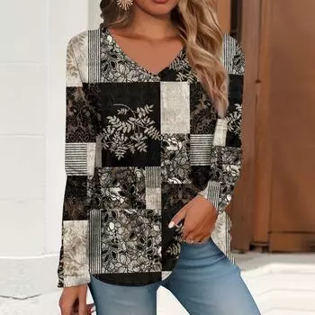 Жен. Футболка Ретро С принтом Длинный рукав Повседневные Выходные Повседневные Классический V-образный вырез Обычный Осень Зима Верхушки L чёрный