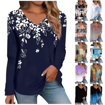 Жен. Футболка Ретро С принтом Длинный рукав Повседневные Выходные Повседневные Классический V-образный вырез Обычный Осень Зима Верхушки XXXL красный