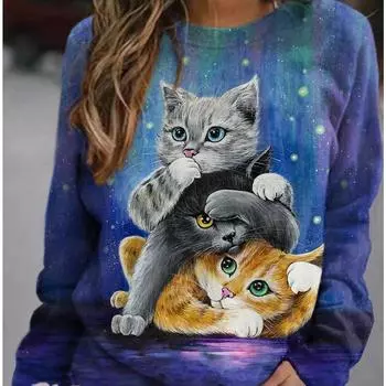 Жен. Футболка с принтом милого кота Футболка с котенком из мультфильма Длинные рукава Повседневные Другие принты Базовая футболка Свитер Свободный цвет Фиолетовый Серый Оранжевый S