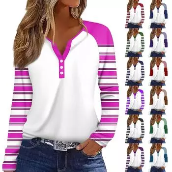 Жен. Футболка С принтом Пуговицы Длинный рукав Рукав реглан Повседневные Мода Классический V-образный вырез Обычный Топ L