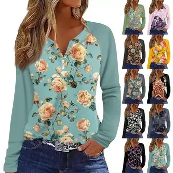 Жен. Футболка С принтом Пуговицы Длинный рукав Рукав реглан Повседневные Мода Классический V-образный вырез Обычный Топ L чёрный