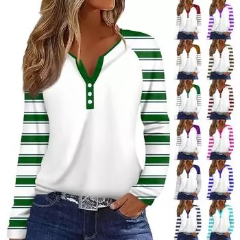 Жен. Футболка С принтом Пуговицы Длинный рукав Рукав реглан Повседневные Мода Классический V-образный вырез Обычный Топ XXL