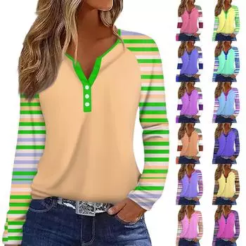 Жен. Футболка С принтом Пуговицы Длинный рукав Рукав реглан Повседневные Мода Классический V-образный вырез Обычный Топ M