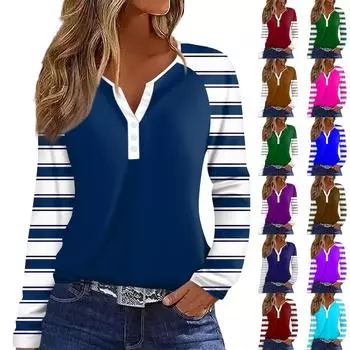 Жен. Футболка С принтом Пуговицы Длинный рукав Рукав реглан Повседневные Мода Классический V-образный вырез Обычный Топ M