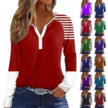 Жен. Футболка С принтом Пуговицы Длинный рукав Рукав реглан Повседневные Мода Классический V-образный вырез Обычный Топ S