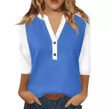 Жен. Футболка С принтом Пуговицы Рукав 3/4 Повседневные Выходные Мода Классический Классический V-образный вырез Обычный Верх L синий
