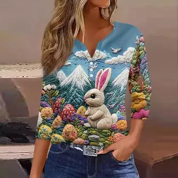 Жен. Футболка С принтом Пуговицы Рукав 3/4 Повседневные Выходные Мода Классический Классический V-образный вырез Обычный Верх L темно-синий