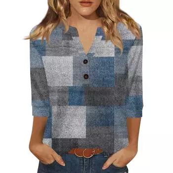 Жен. Футболка С принтом Пуговицы Рукав 3/4 Повседневные Выходные Мода Классический Классический V-образный вырез Обычный Верх L синий