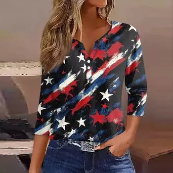 Жен. Футболка С принтом Пуговицы Рукав 3/4 Повседневные Выходные Мода Классический Классический V-образный вырез Обычный Верх L