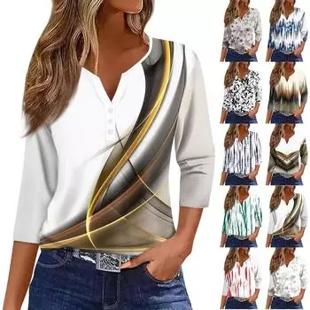 Жен. Футболка С принтом Пуговицы Рукав 3/4 Повседневные Выходные Мода Классический V-образный вырез Обычный Верх L бежевый