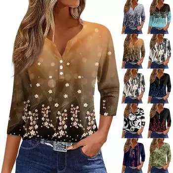 Жен. Футболка С принтом Пуговицы Рукав 3/4 Повседневные Выходные Мода Классический V-образный вырез Обычный Верх L чёрный