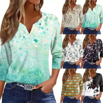 Жен. Футболка С принтом Пуговицы Рукав 3/4 Повседневные Выходные Мода Классический Классический V-образный вырез Обычный Верх M