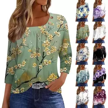 Жен. Футболка С принтом Пуговицы Рукав 3/4 Повседневные Выходные Мода Классический Классический Верх L