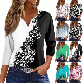 Жен. Футболка С принтом Пуговицы Рукав 3/4 Повседневные Выходные Мода Классический Классический V-образный вырез Обычный Верх XL