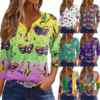 Жен. Футболка С принтом Пуговицы Рукав 3/4 Повседневные Выходные Мода Классический Классический V-образный вырез Обычный Верх XXL белый