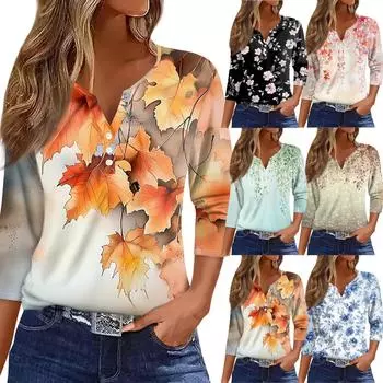 Жен. Футболка С принтом Пуговицы Рукав 3/4 Повседневные Выходные Мода Классический Классический V-образный вырез Обычный Верх L чёрный