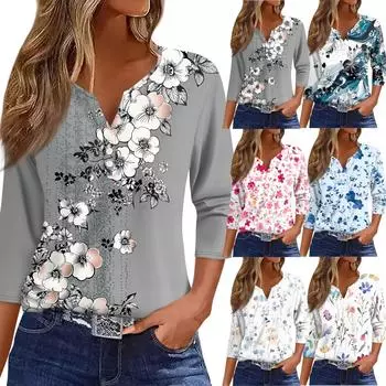 Жен. Футболка С принтом Пуговицы Рукав 3/4 Повседневные Выходные Мода Классический Классический V-образный вырез Обычный Верх L синий