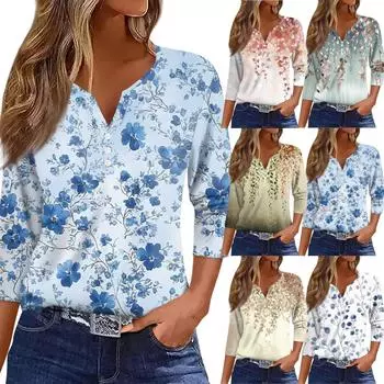 Жен. Футболка С принтом Пуговицы Рукав 3/4 Повседневные Выходные Мода Классический Классический V-образный вырез Обычный Верх L циан