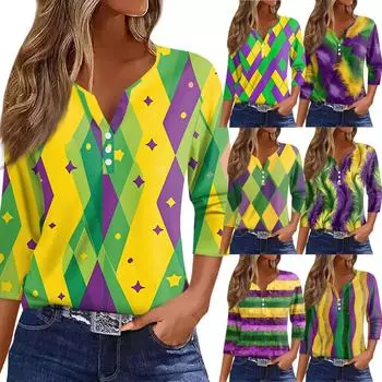 Жен. Футболка С принтом Пуговицы Рукав 3/4 Повседневные Выходные Мода Классический Классический V-образный вырез Обычный Верх M оранжевый