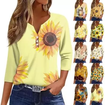 Жен. Футболка С принтом Пуговицы Рукав 3/4 Повседневные Выходные Мода Классический V-образный вырез Обычный Верх L бежевый