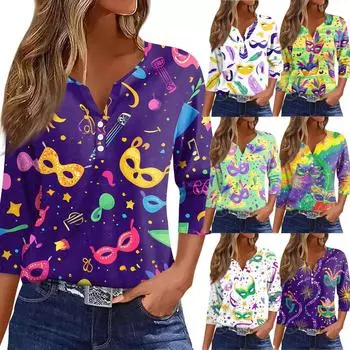 Жен. Футболка С принтом Пуговицы Рукав 3/4 Повседневные Выходные Мода Классический Классический V-образный вырез Обычный Верх XXL