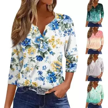 Жен. Футболка С принтом Пуговицы Рукав 3/4 Повседневные Выходные Мода Классический Классический V-образный вырез Обычный Верх L розовый