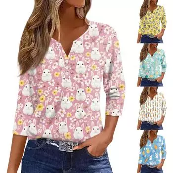 Жен. Футболка С принтом Пуговицы Рукав 3/4 Повседневные Выходные Мода Классический Классический V-образный вырез Обычный Верх S жёлтый