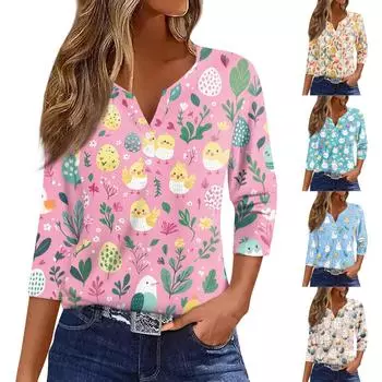 Жен. Футболка С принтом Пуговицы Рукав 3/4 Повседневные Выходные Мода Классический Классический V-образный вырез Обычный Верх L оранжевый