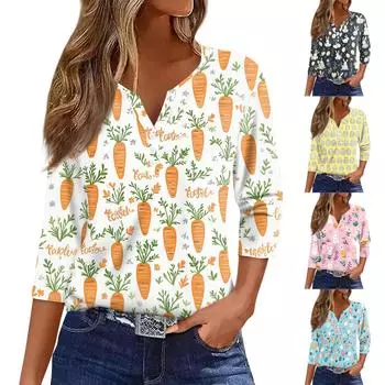 Жен. Футболка С принтом Пуговицы Рукав 3/4 Повседневные Выходные Мода Классический Классический V-образный вырез Обычный Верх XXXL