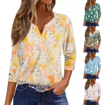Жен. Футболка С принтом Пуговицы Рукав 3/4 Повседневные Выходные Мода Классический Классический V-образный вырез Обычный Верх XL