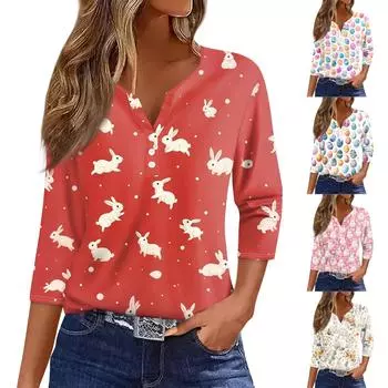 Жен. Футболка С принтом Пуговицы Рукав 3/4 Повседневные Выходные Мода Классический Классический V-образный вырез Обычный Верх L синий
