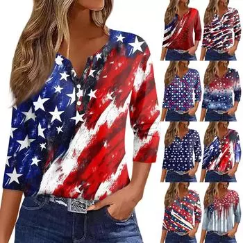 Жен. Футболка С принтом Пуговицы Рукав 3/4 Повседневные Выходные Мода Классический Классический V-образный вырез Обычный Верх S