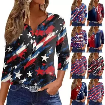 Жен. Футболка С принтом Пуговицы Рукав 3/4 Повседневные Выходные Мода Классический Классический V-образный вырез Обычный Верх XL