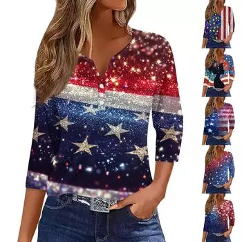 Жен. Футболка С принтом Пуговицы Рукав 3/4 Повседневные Выходные Мода Классический Классический V-образный вырез Обычный Верх L винный