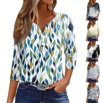 Жен. Футболка С принтом Пуговицы Рукав 3/4 Повседневные Выходные Мода Классический Классический V-образный вырез Обычный Верх S чёрный